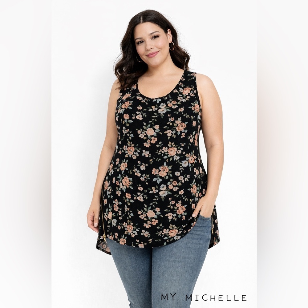 My Michelle Women’ sleeveless hi-lo top Blouse sz xL Floral Zipper Sides Layered
